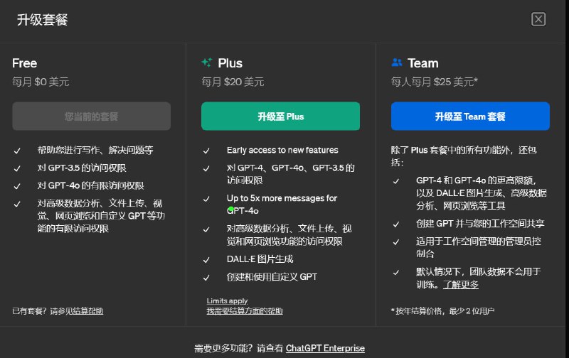 OpenAI ChatGPT官网套餐已经有4o了，对所有用户免费用户只能使用 gpt4o 两个小时进行6次对话